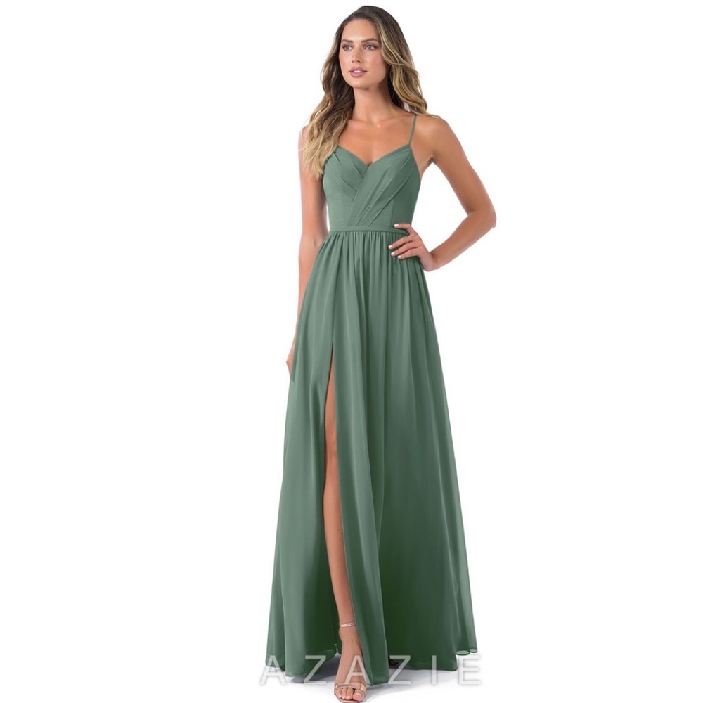Azazie Cora Bridesmaids Dress in color Eucalyptus, with garment bag, NWT